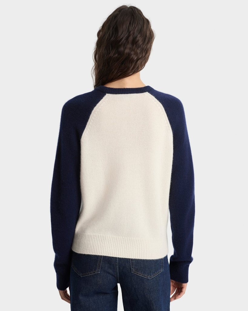 Syracuse Cashmere Baseball Sweater Cream and Blue