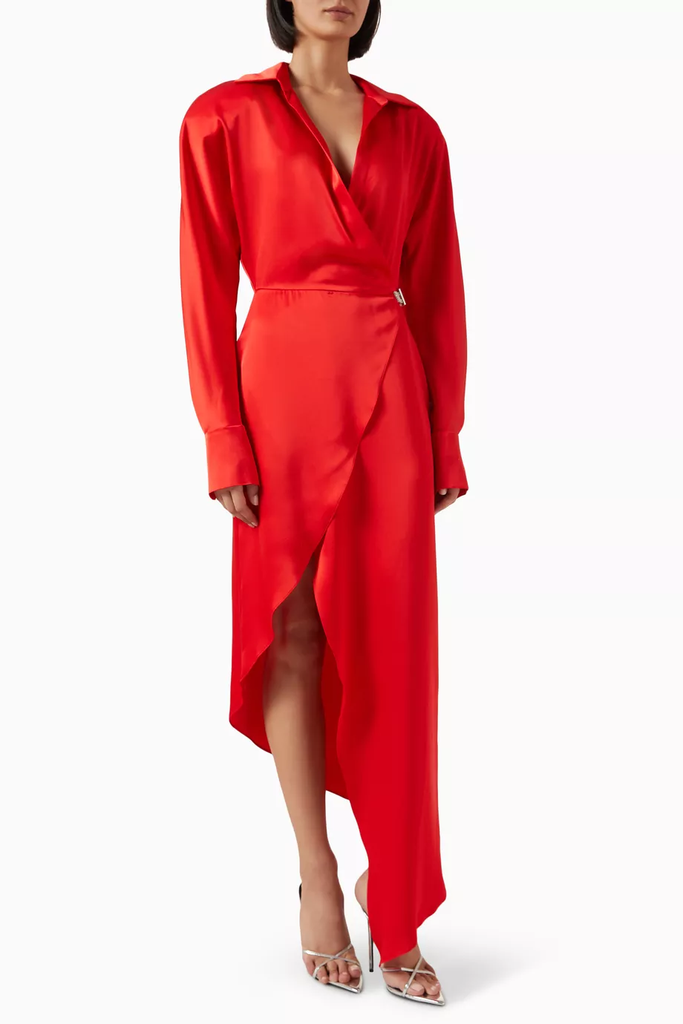 Crystal Buckle Embroidery Satin Wrap Shirt Dress