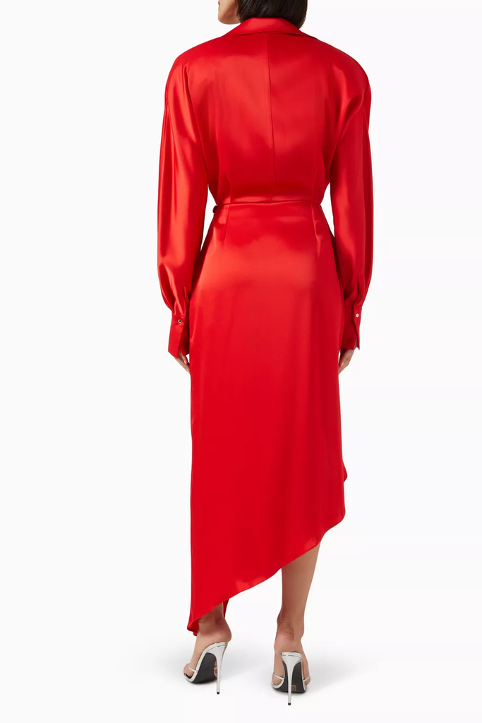 Crystal Buckle Embroidery Satin Wrap Shirt Dress