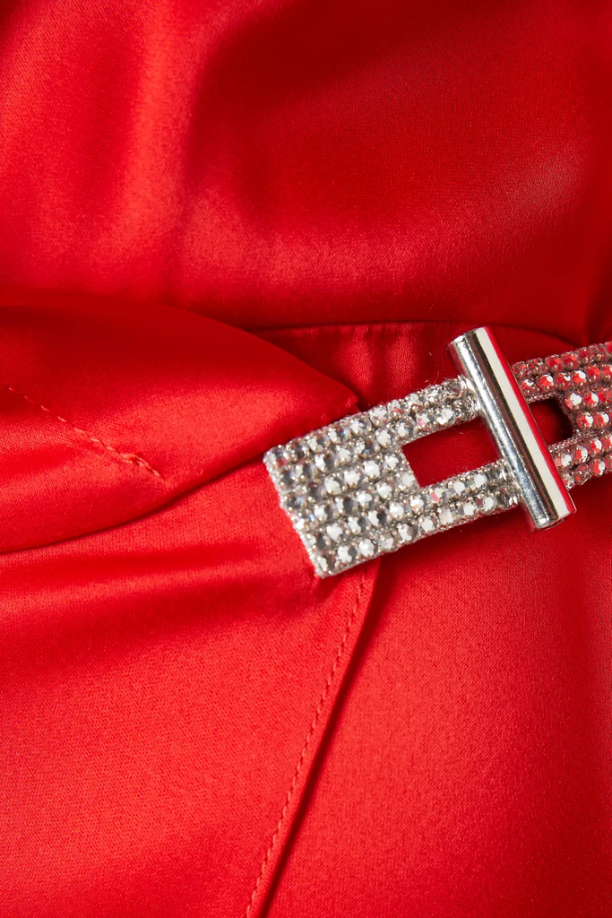 Crystal Buckle Embroidery Satin Wrap Shirt Dress