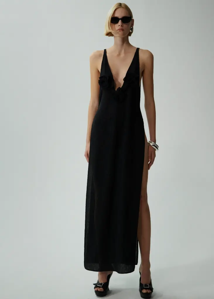 Crepe high leg maxi dress in black
