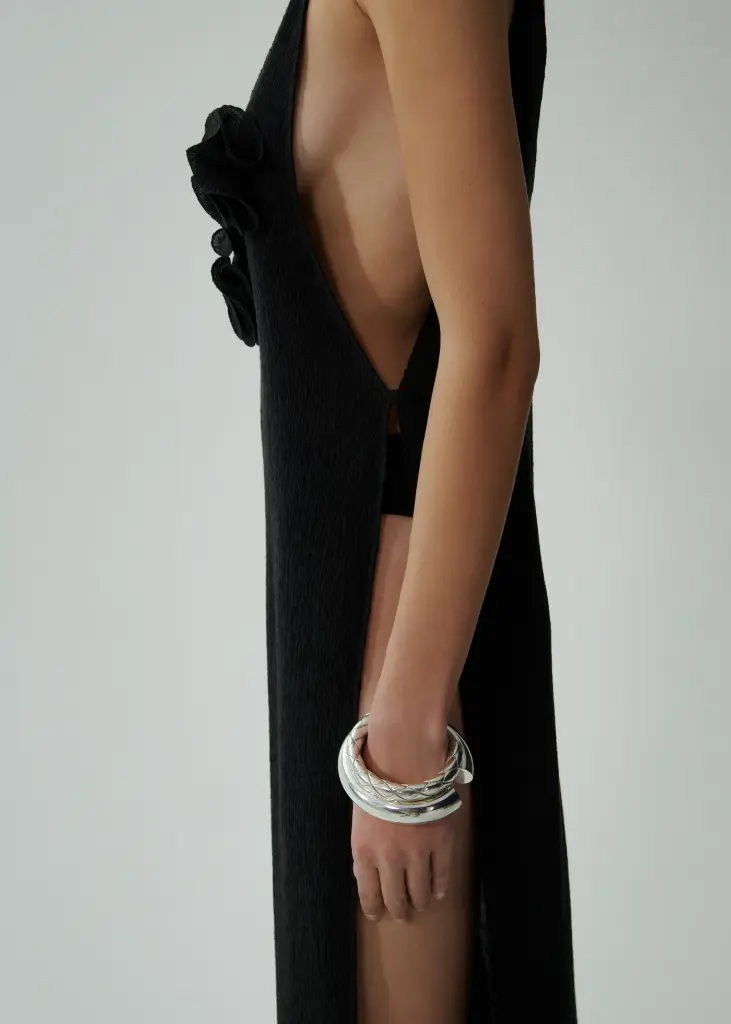 Crepe high leg maxi dress in black 