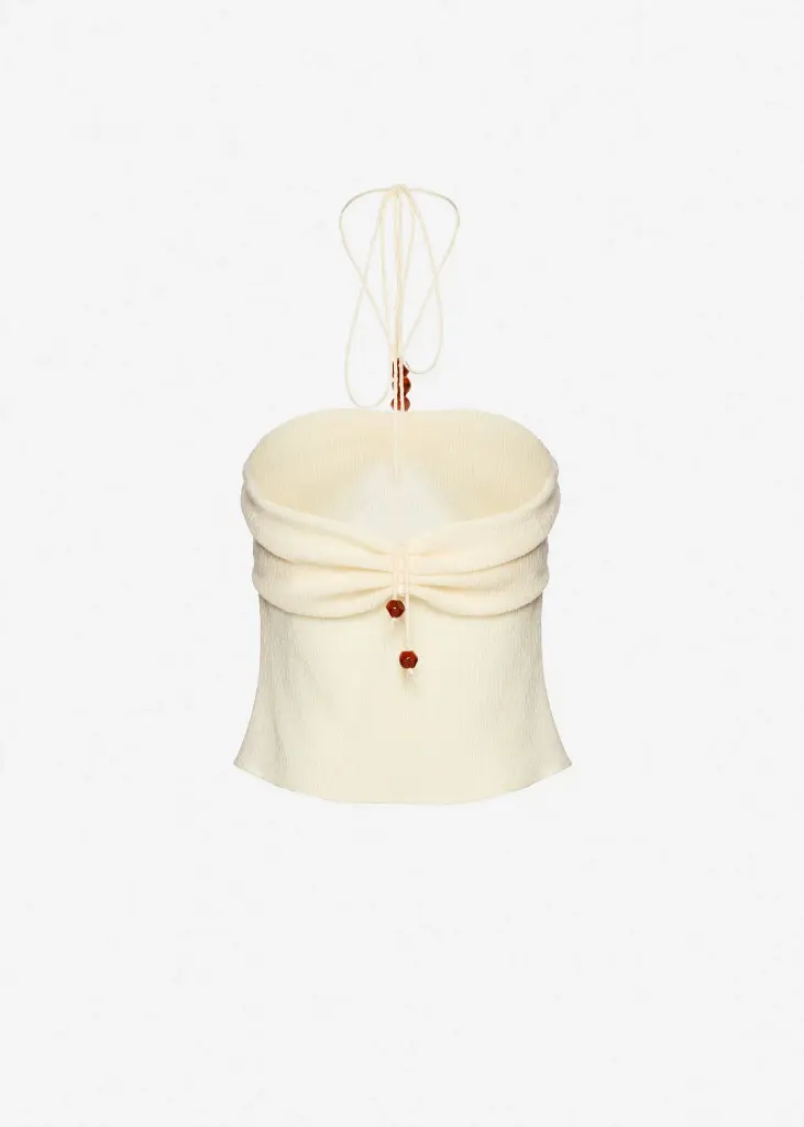 Draped halterneck top with beads in cream