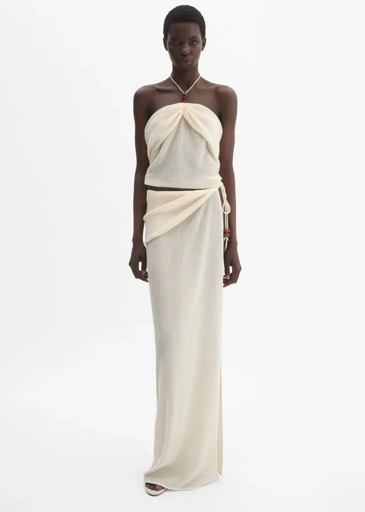Draped halterneck top with beads in cream