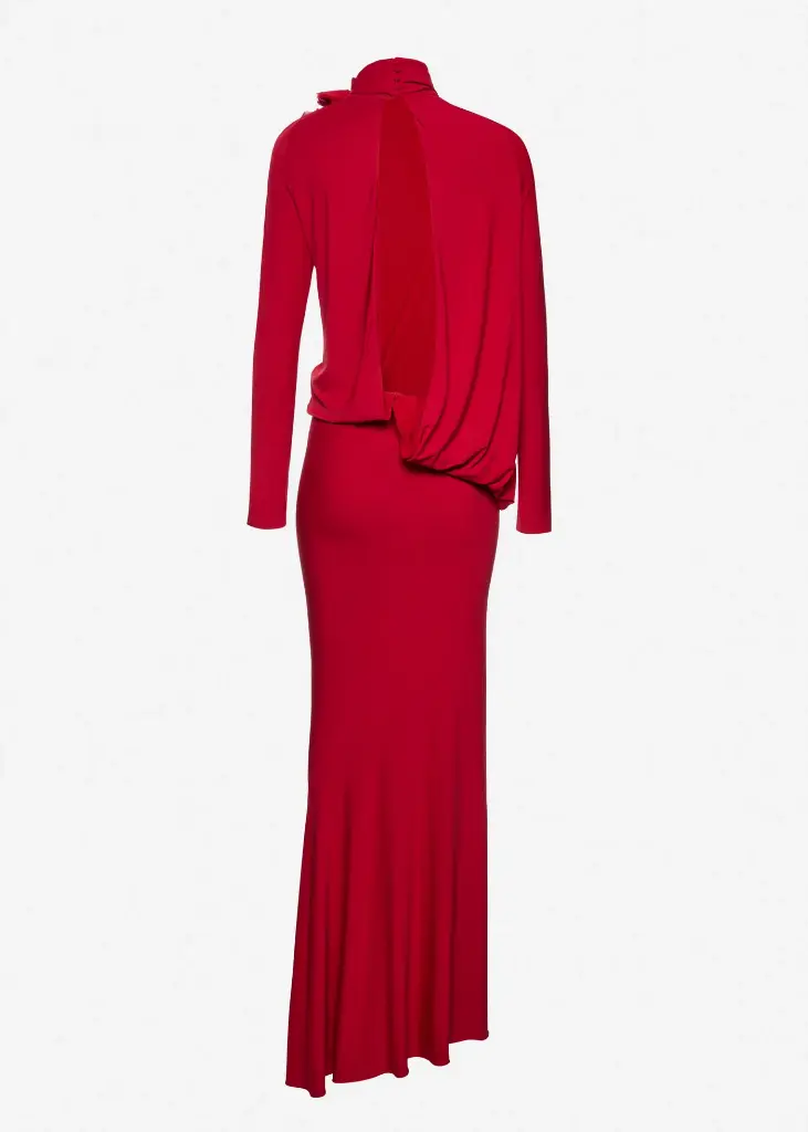 Long open-back dress with high neck and floral detail in red