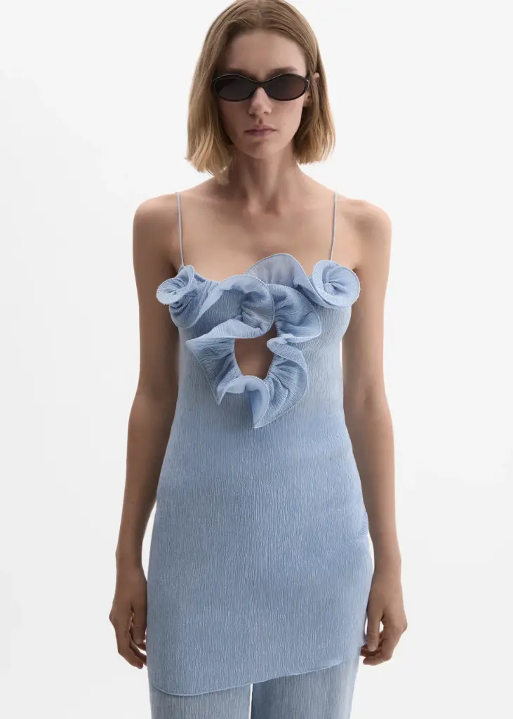 Mini crepe beach dress with floral neckline in light blue