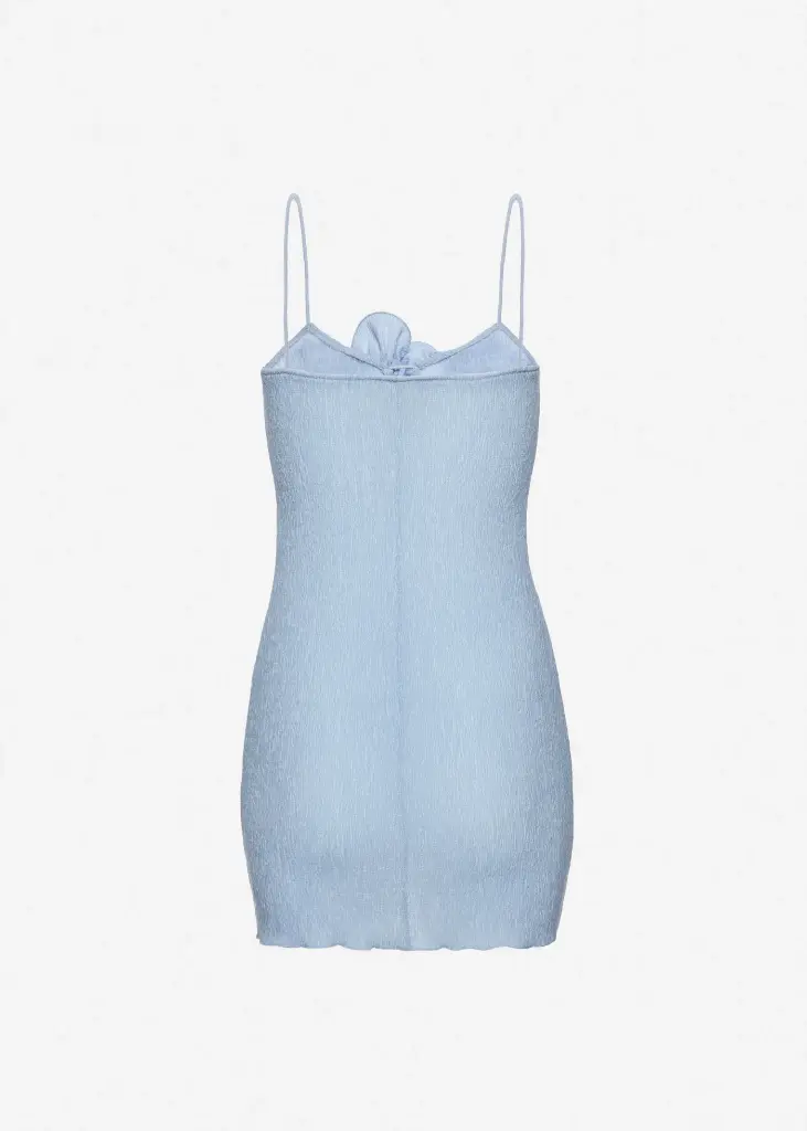 Mini crepe beach dress with floral neckline in light blue
