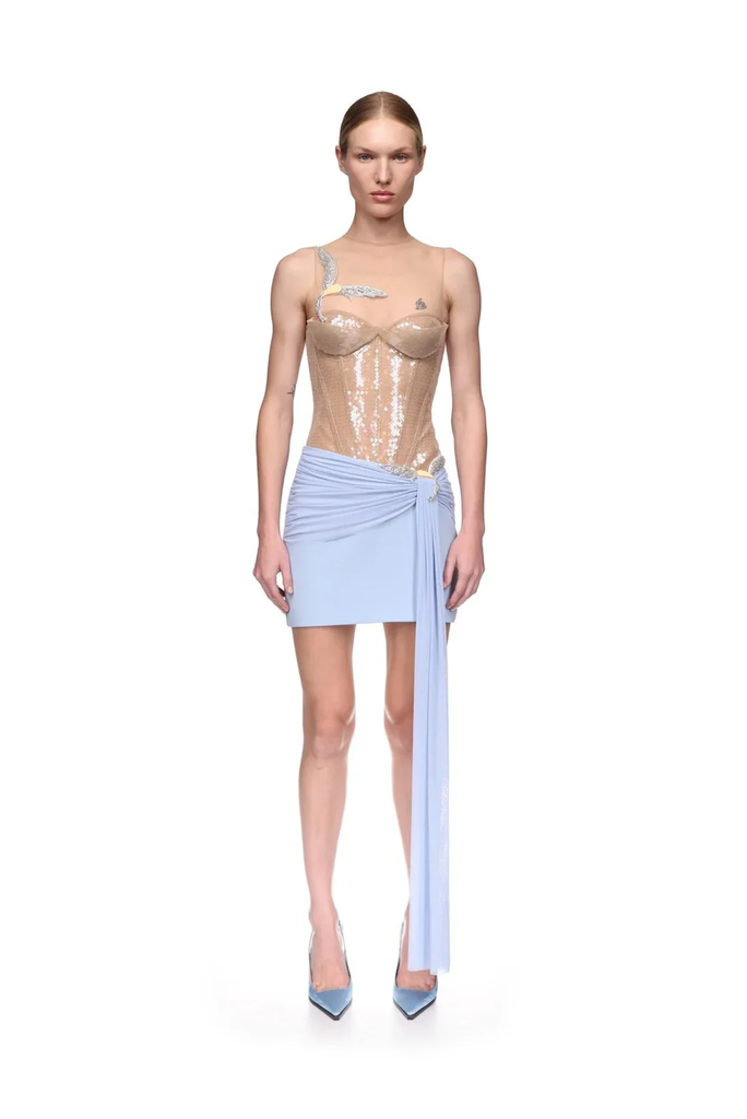 Drape Overlay Mini Skirt With Bird Soft Blue/Peach/Silver