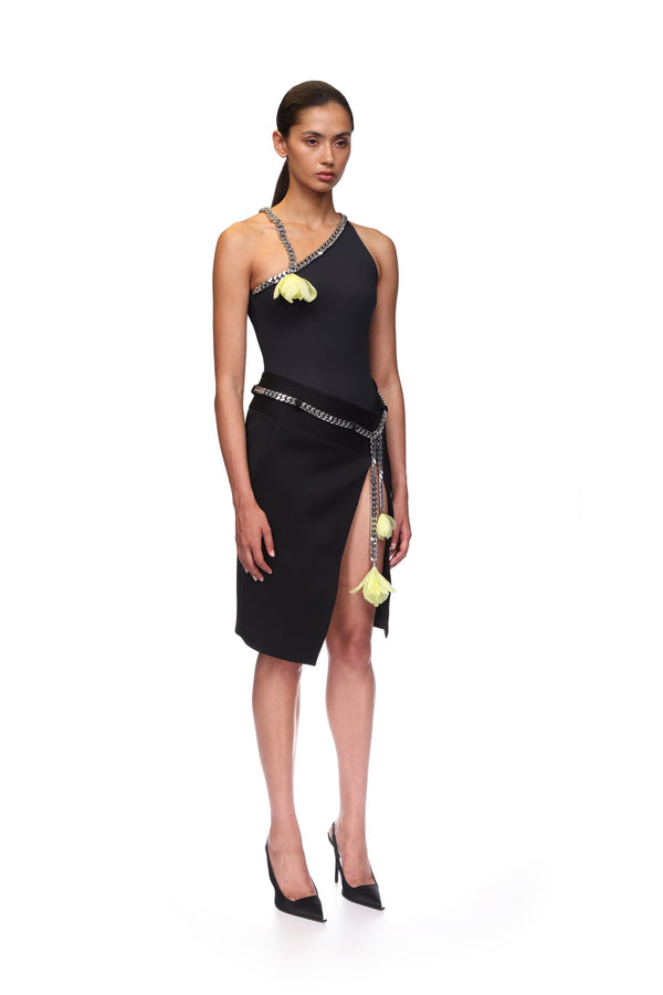Flower Chunky Chain One Shoulder Bodysuit Black/Yellow/Silver