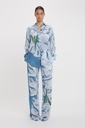 Pleat Detail Pyjama Trouser In Ice Blue Satin Flowers
