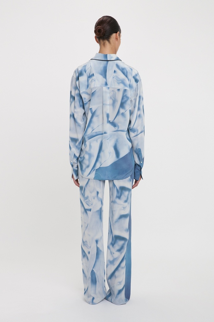 Pleat Detail Pyjama Trouser In Ice Blue Satin Flowers
