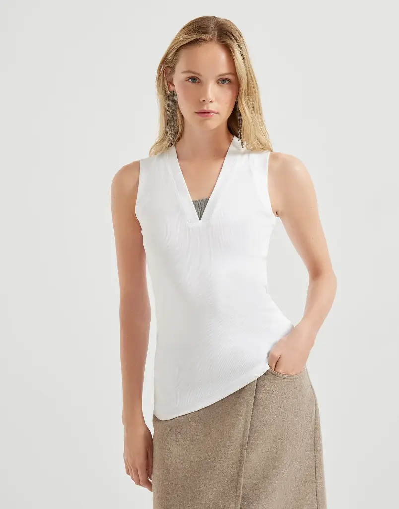 Stretch Cotton Jersey T-Shirt With Precious Faux Layering