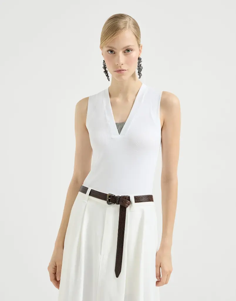 Stretch Cotton Jersey T-Shirt With Precious Faux Layering