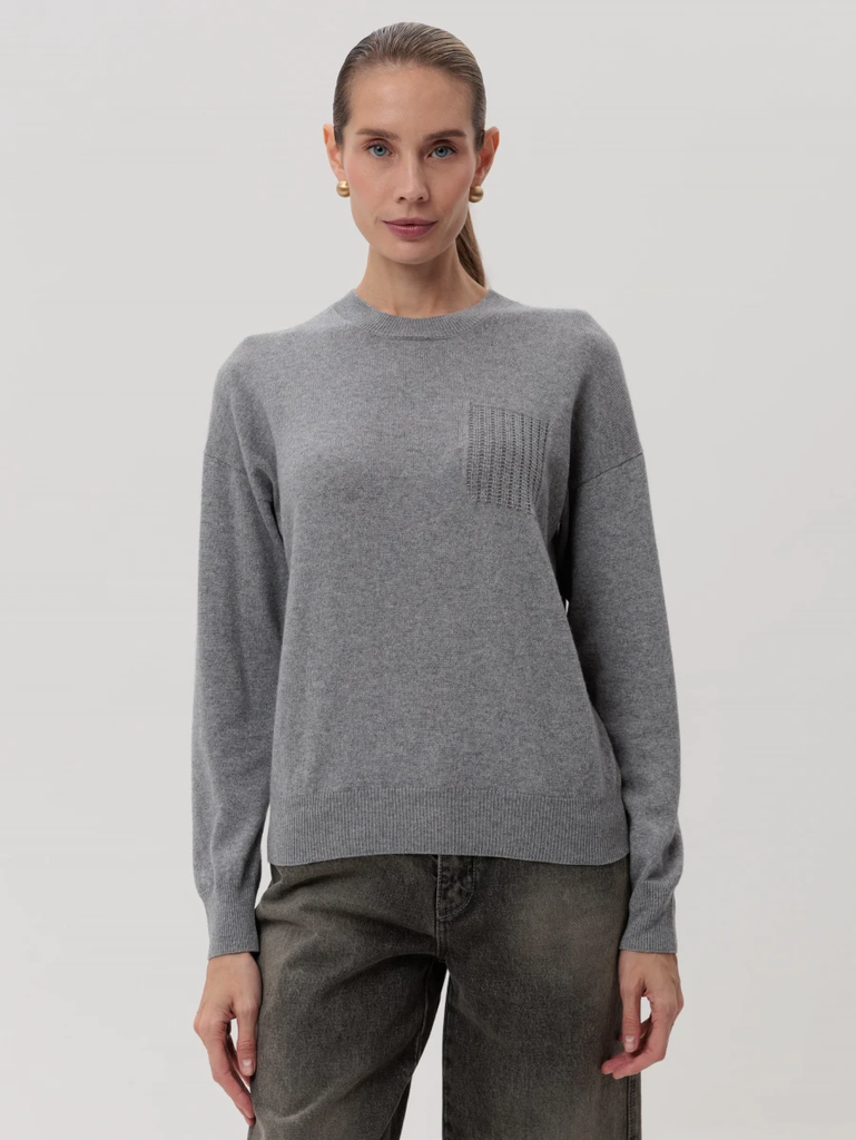Crewneck Pearl-Embroidered Pullover in Virgin Wool Silk and Cashmere