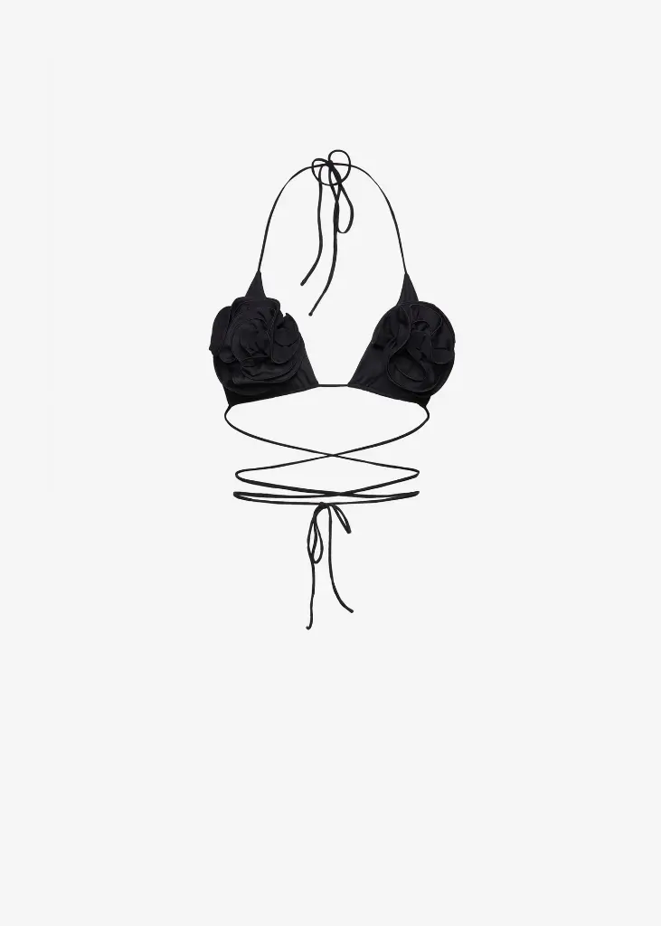 Floral Strappy Triangle Bikini Top In Black