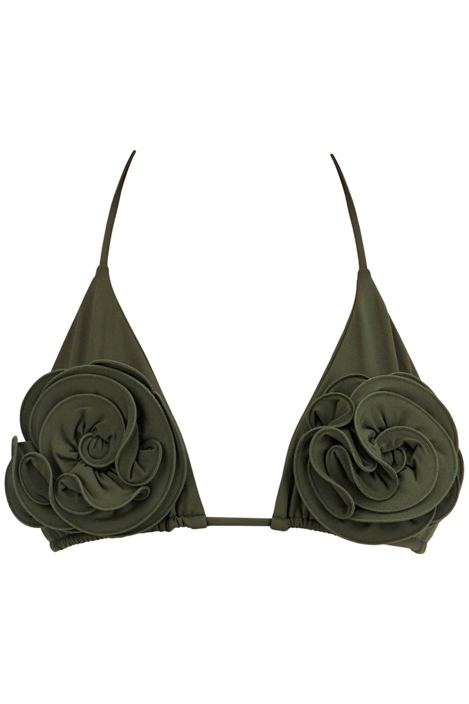 Floral Strappy Triangle Bikini Top In Khaki