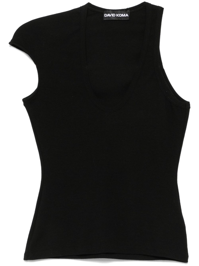 U Shape Neckline Asymmetric Sleeve Tank Top Rib Jersey Black