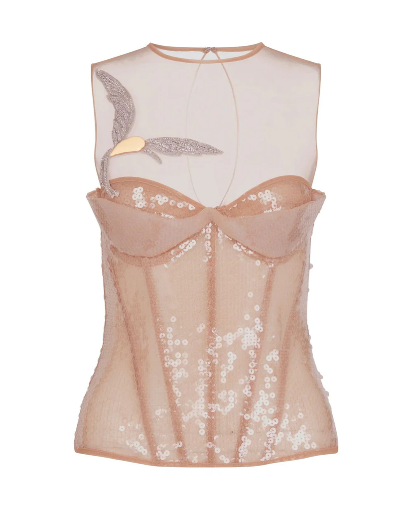 Balconette Bra&Bird Detail Corset Top Beige/Peach/Silver