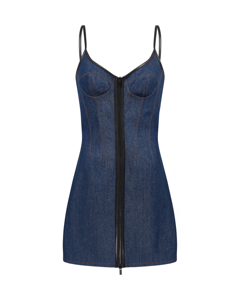 Leather Trimmed Mini Denim Dress