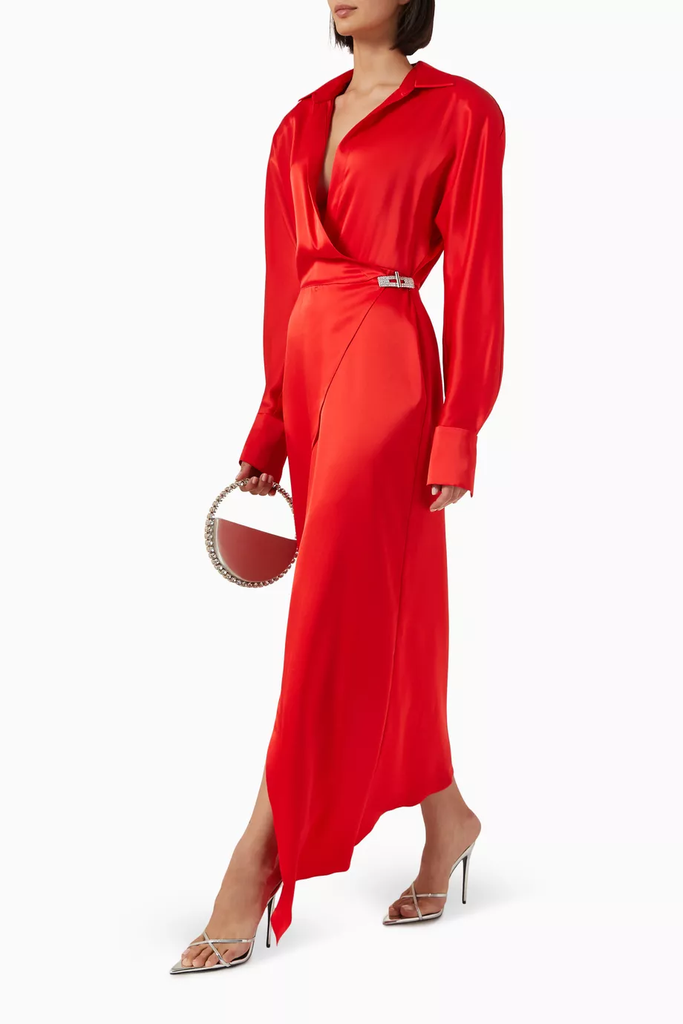 Crystal Buckle Embroidery Satin Wrap Shirt Dress
