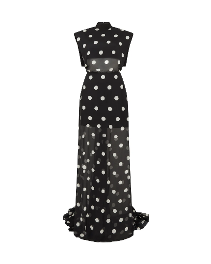 Polka Dot Printed Chiffon Gown With Open Back