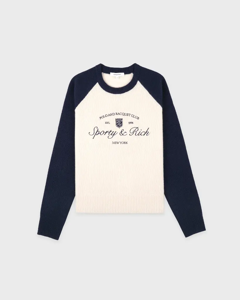 Syracuse Cashmere Baseball Sweater Cream and Blue