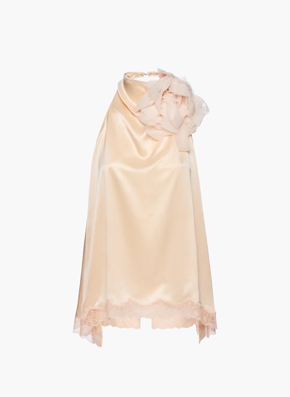 Silk open-back lace-trim blouse in peach