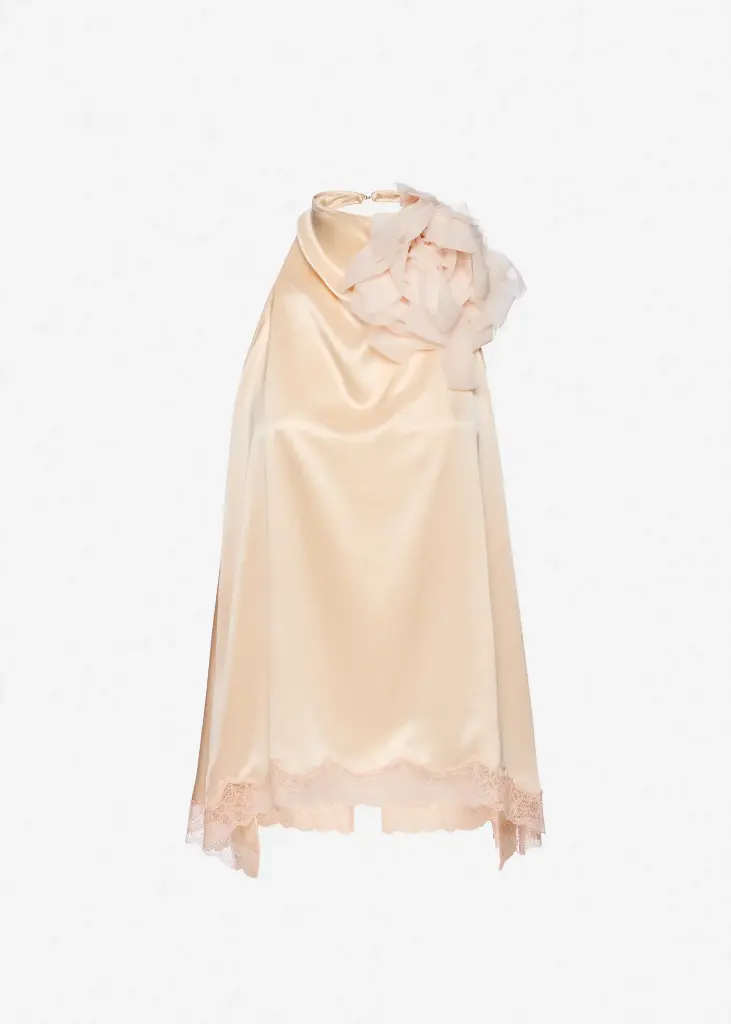 Silk open-back lace-trim blouse in peach