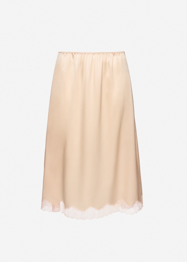 Silk lace-trim slip skirt in peach