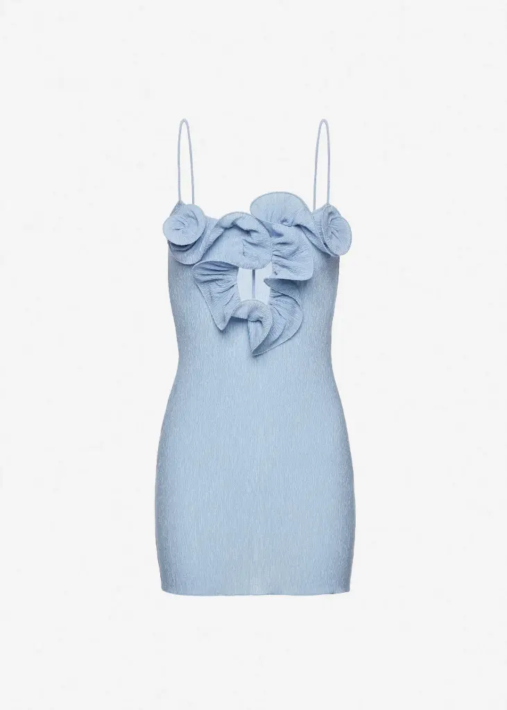 Mini crepe beach dress with floral neckline in light blue
