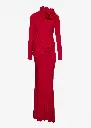 Long open-back dress with high neck and floral detail in red
