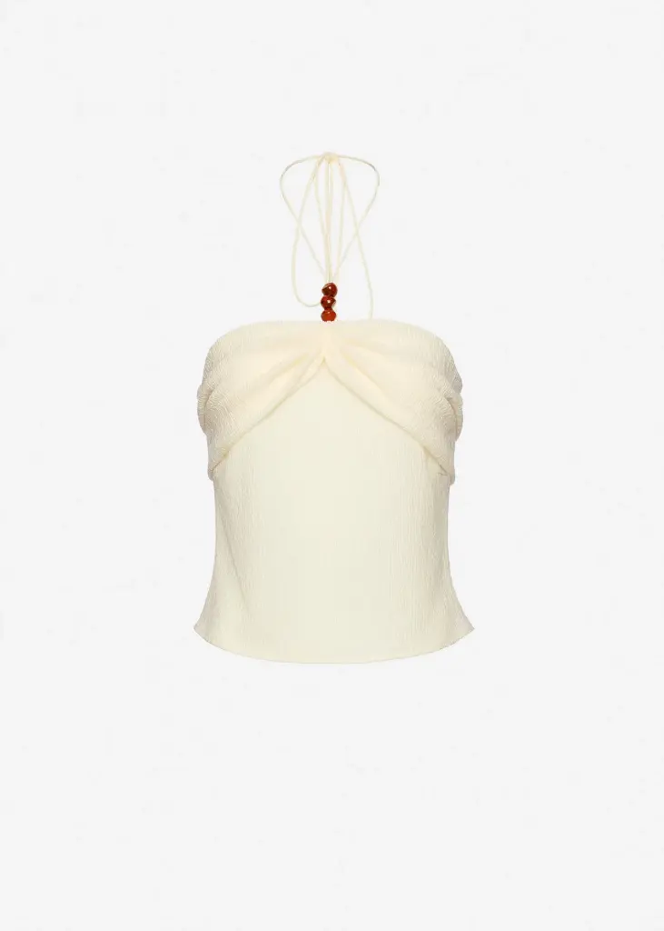 Draped halterneck top with beads in cream