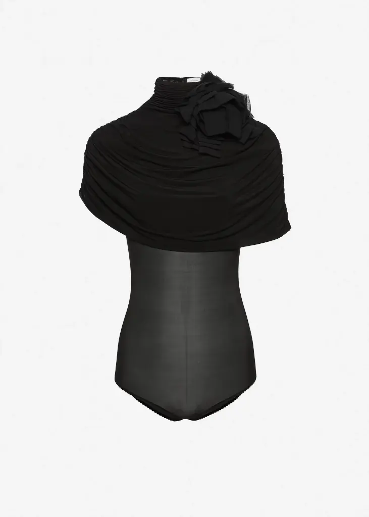 RE26 BodysuIt 01 black Draped cape-effect cupro bodysuit in black