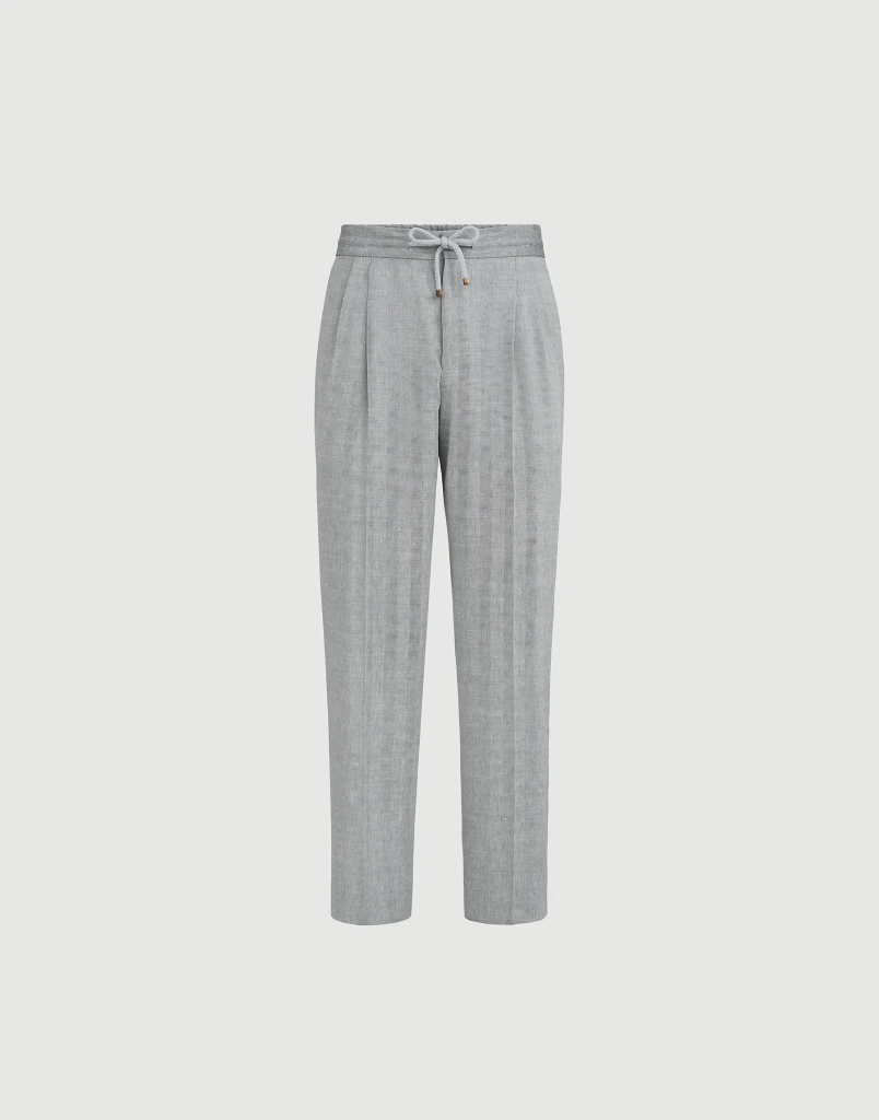 Linen And Virgin Wool Chevron Trousers With Drawstring And Double Pleats