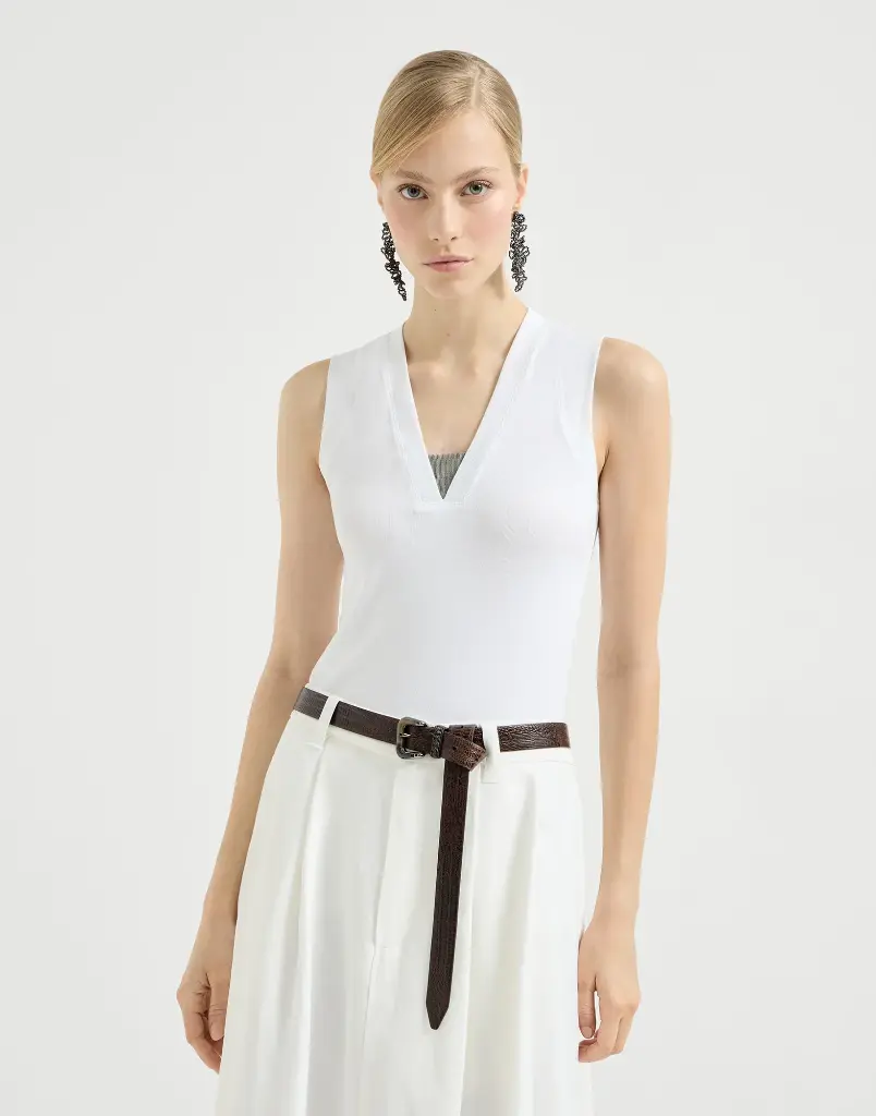 Stretch Cotton Jersey T-Shirt With Precious Faux Layering
