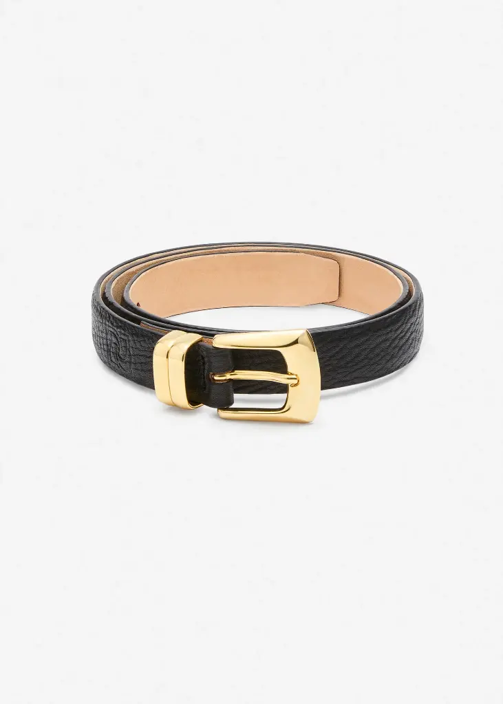 Square buckle leather belt in black and gold