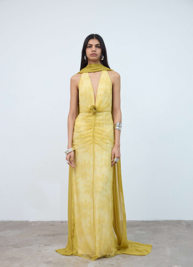 Amora Maxi Dress In Yellow Lace Tulle
