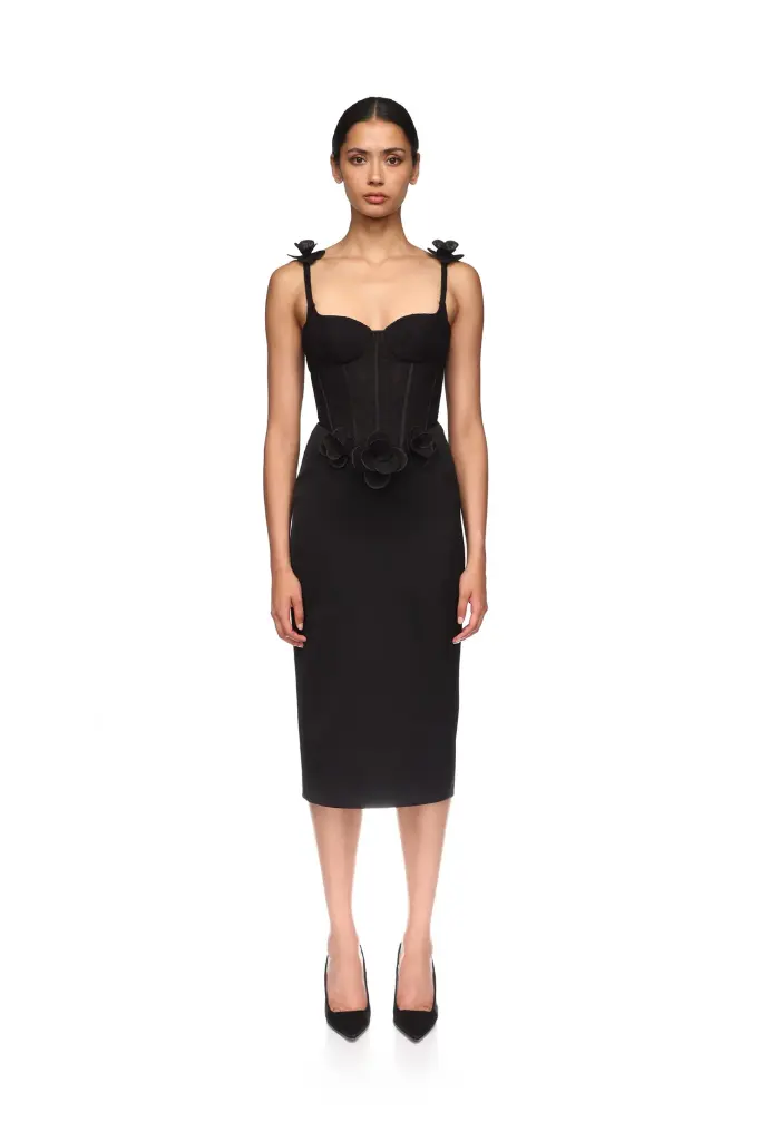 Lace Flower Corset Satin Midi Dress