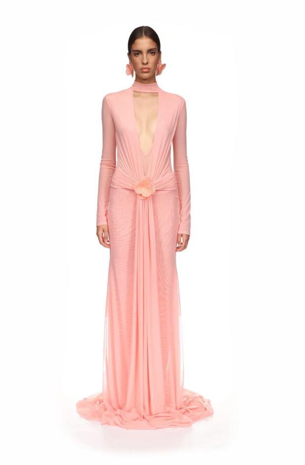 Lace Flower Plunge Gown In Peach