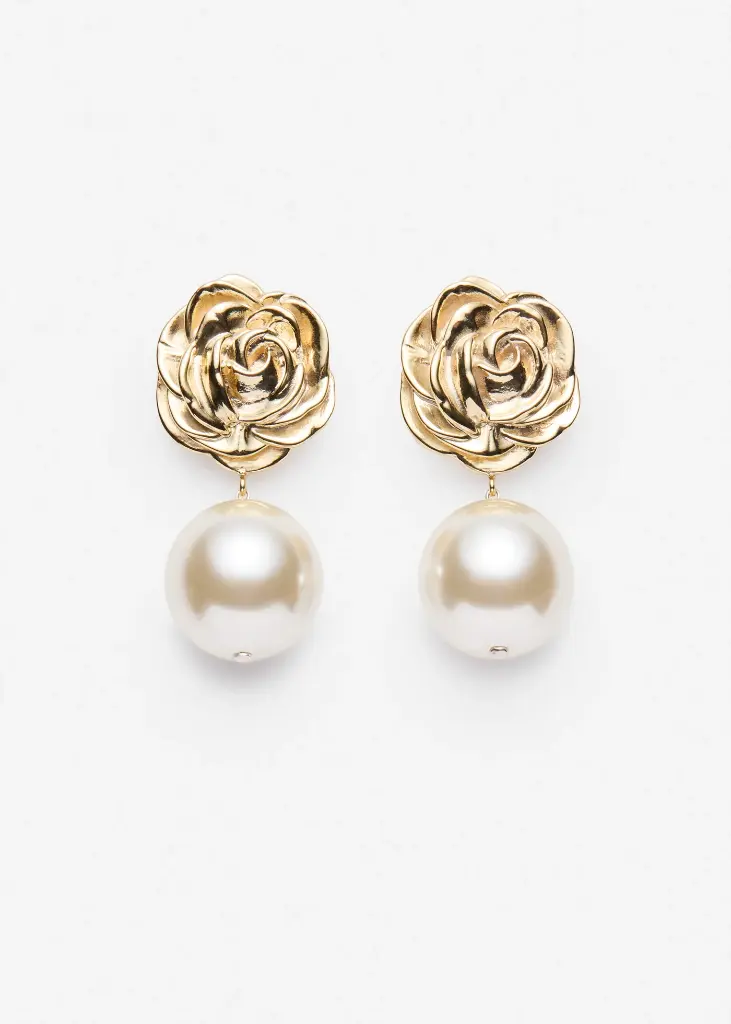 Rose Pearl Drop Earrings In Gold