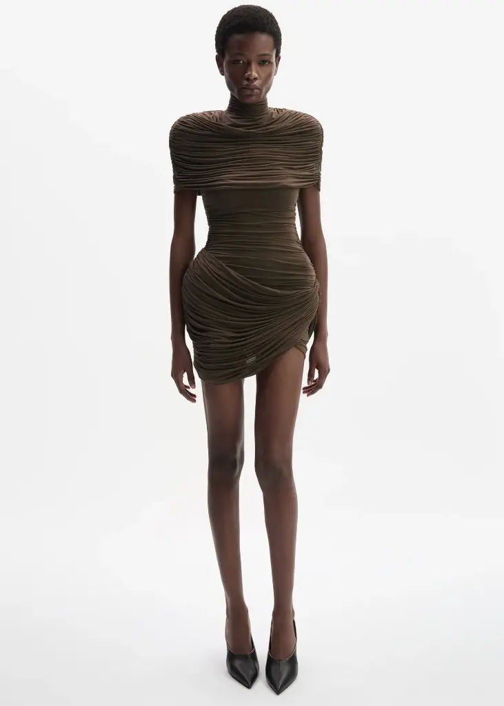 High Neck Draped Mini Dress With Cape Detail In Brown