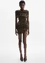 High Neck Draped Mini Dress With Cape Detail In Brown