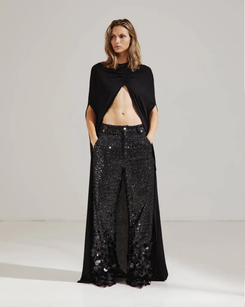 Sienna- Hand Applique Bold Paillettes Loose Side Split Denim