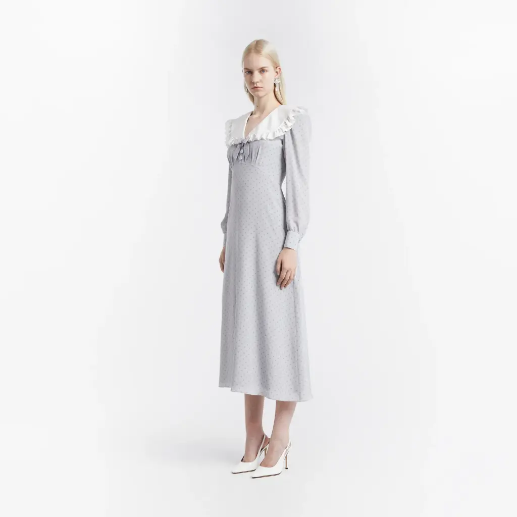 Polka Dot Print SilkMidi Dress with Collar