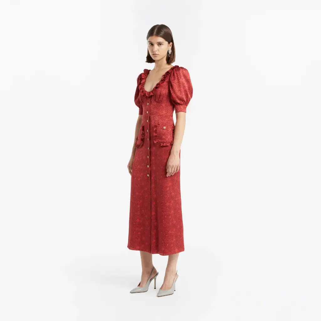 Print Silk Jacquard Midi Dress with JWL Buttons