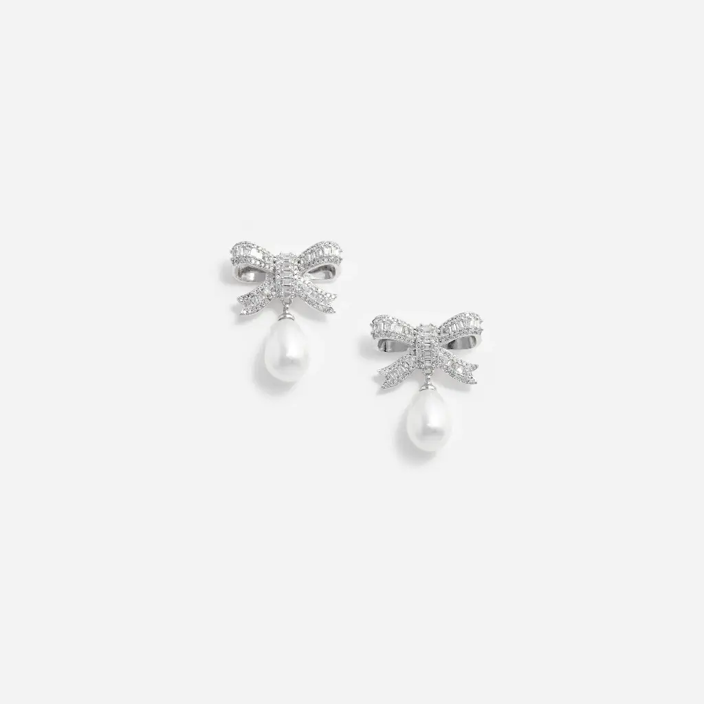 Crystal Bow Pearl Droplet Earrings