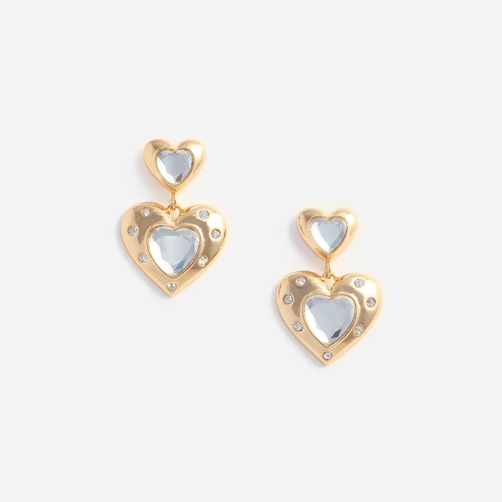 Gold Crystal Heart Tiered Earrings