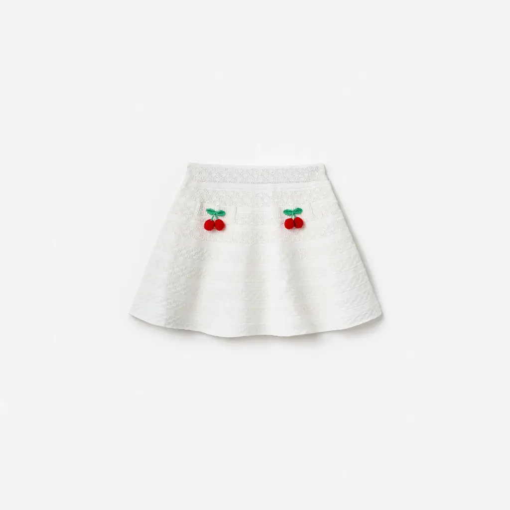 White Cherry Motif Knit Skirt