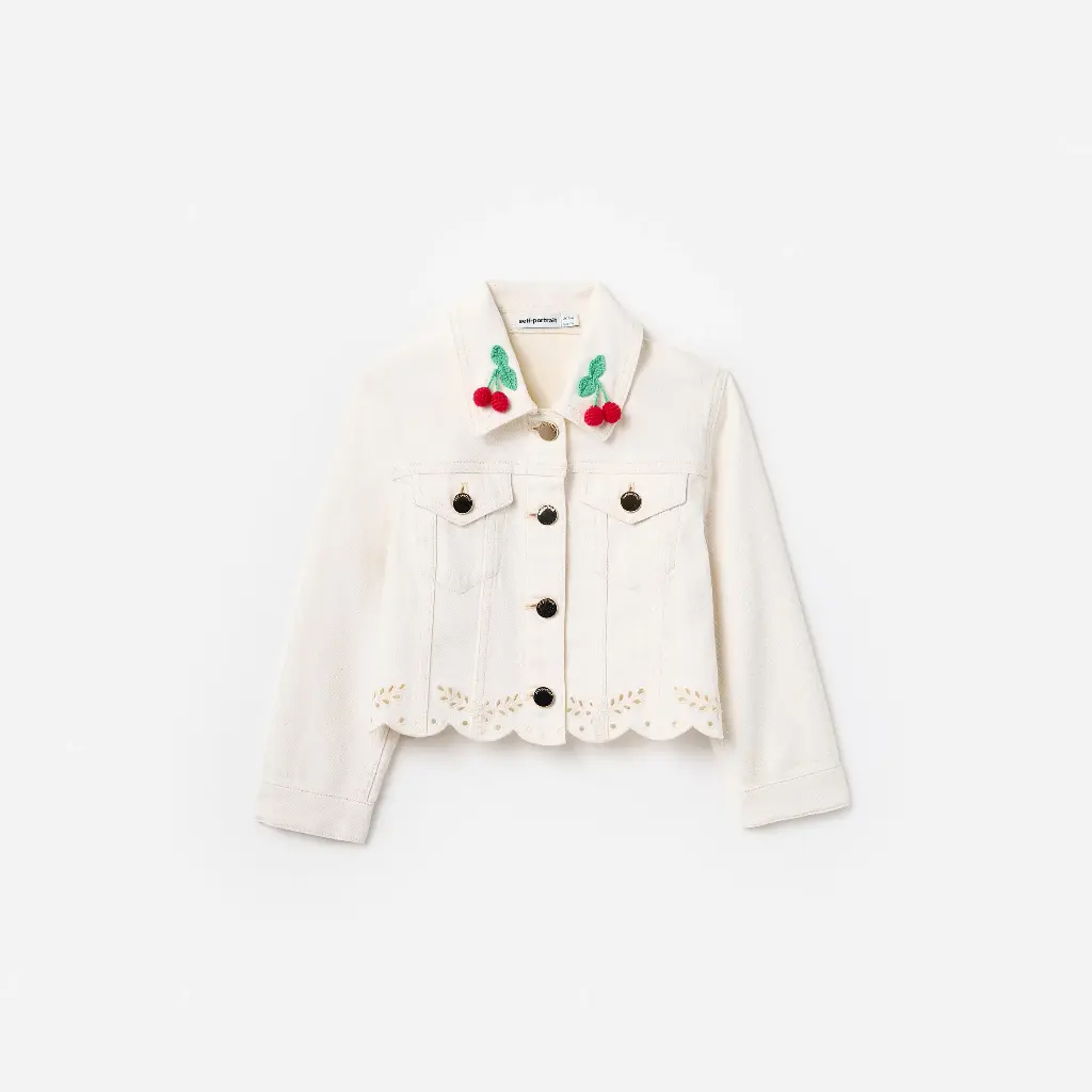 Cream Denim Cherry Motif Jacket