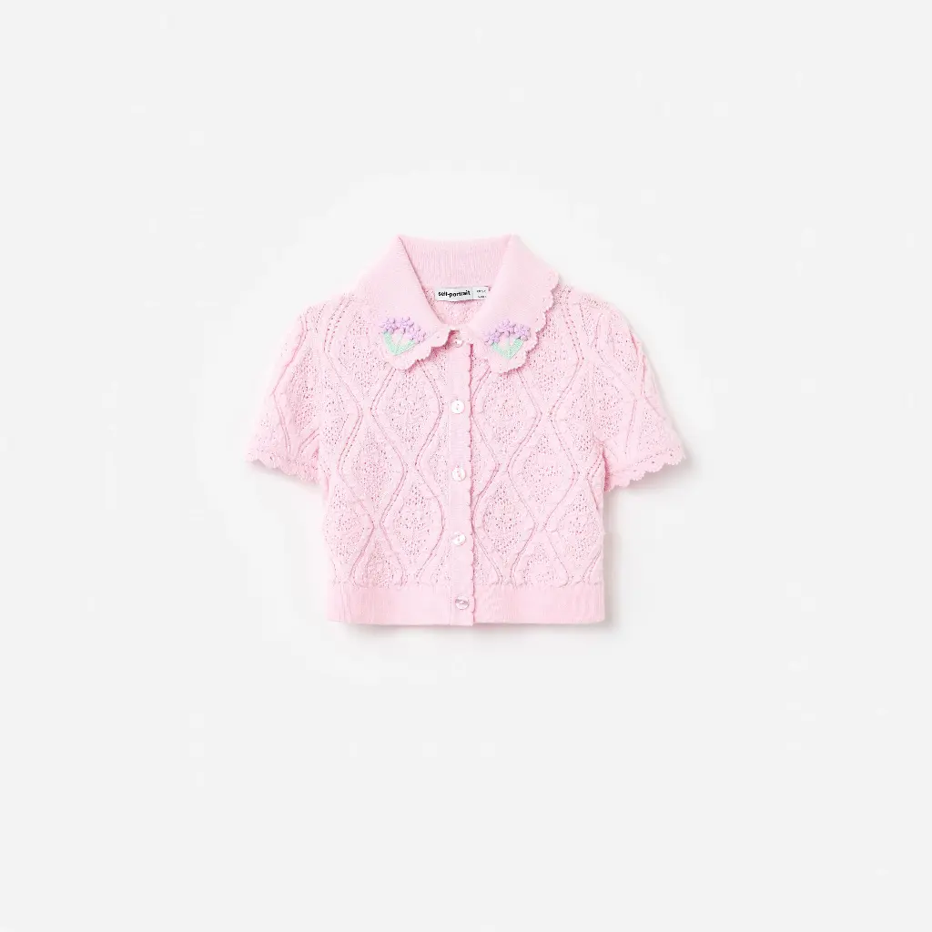 Pink Flower Embroidered Knit Top
